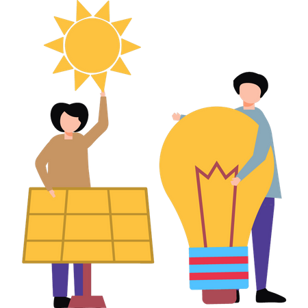 Junge und Mädchen bekommen Licht von Solarpanel  Illustration