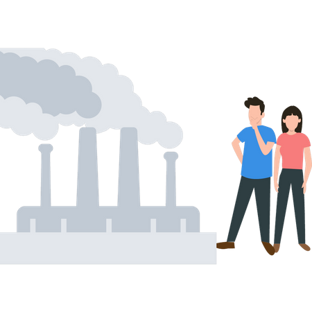 Junge und Mädchen betrachten die Rauchverschmutzung in Fabriken  Illustration