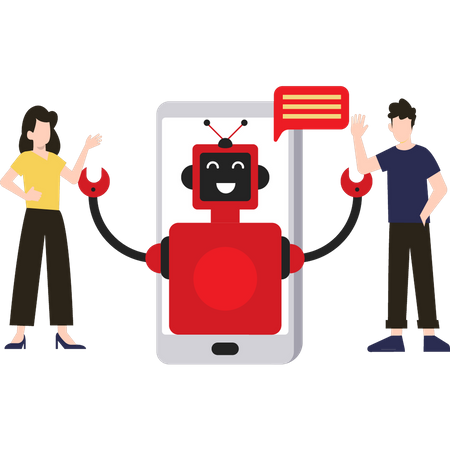 Junge und Mädchen chatten mit Roboter auf dem Handy  Illustration