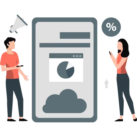 Junge und Mädchen diskutieren über Cloud-Datenanalyse  Illustration