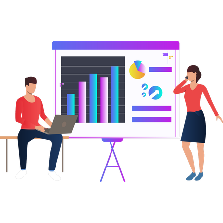 Junge und Mädchen diskutieren Finanzdiagramm auf Präsentationstafel  Illustration