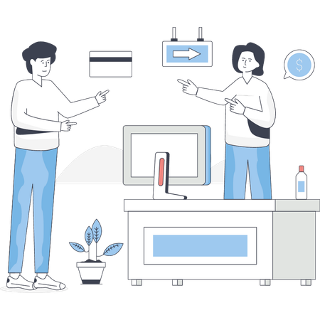 Junge und Mädchen diskutieren über Kartenzahlung  Illustration