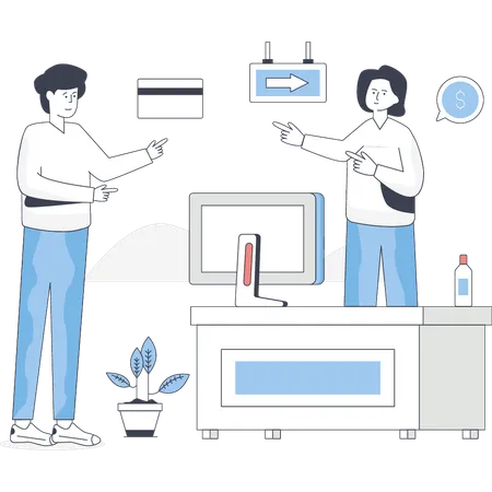 Junge und Mädchen diskutieren über Kartenzahlung  Illustration