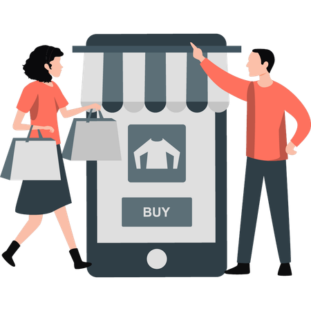 Junge und Mädchen diskutieren über Online-Shopping  Illustration