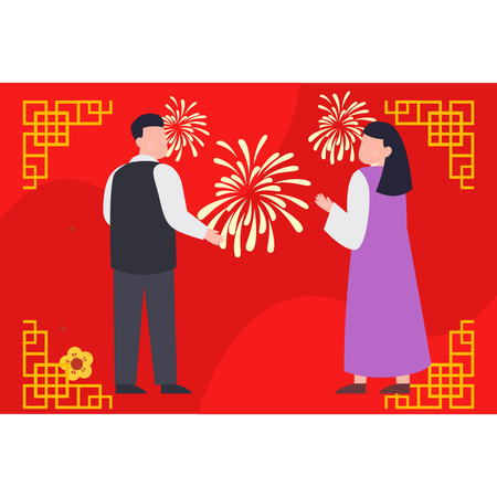 Jungen und Mädchen feiern chinesisches Neujahr  Illustration