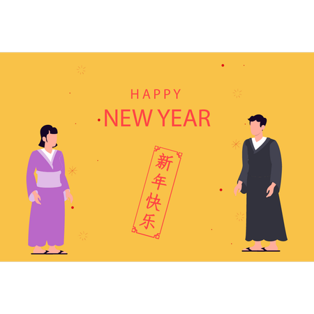 Jungen und Mädchen feiern chinesisches Neujahr  Illustration