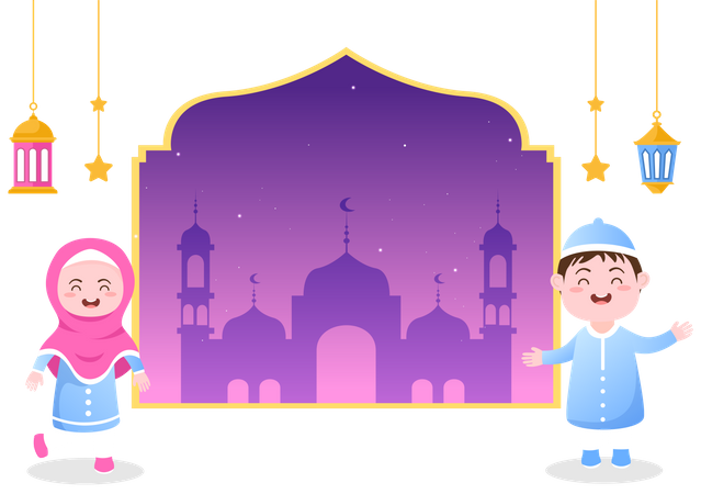 Jungen und Mädchen feiern Ramadan  Illustration
