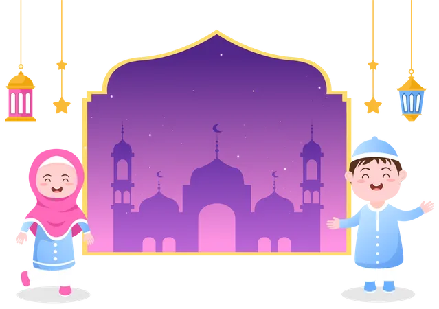 Ramadan Kareem Mit Menschen Moschee Laternen Und Mond Auf Flachem Hintergrund Vektorgrafik Fur Den Religiosen Feiertag Islamisches Eid Fitr Oder Adha Fest Banner Oder Poster Illustration
