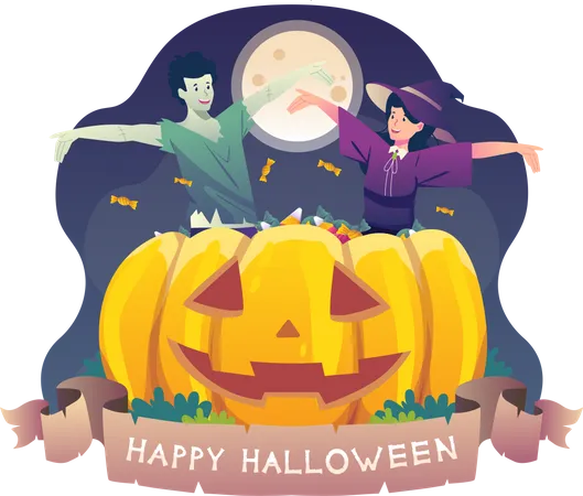 Jungen und Mädchen im Kostüm feiern Halloween  Illustration