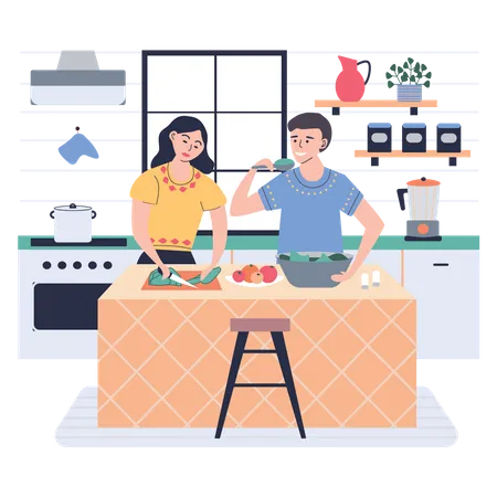 Junge und Mädchen kochen zusammen  Illustration