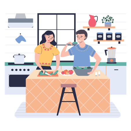 Junge und Mädchen kochen zusammen  Illustration