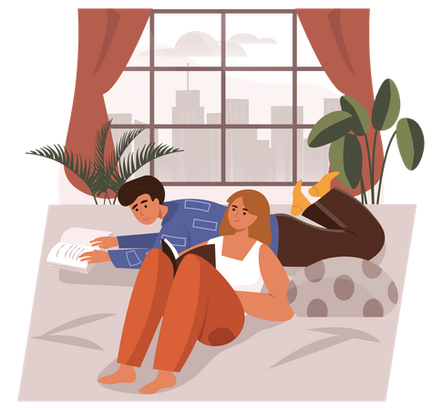 Jungen und Mädchen lesen Buch  Illustration