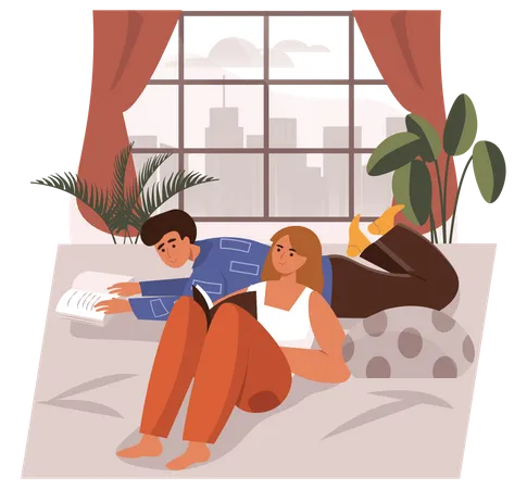 Jungen und Mädchen lesen Buch  Illustration