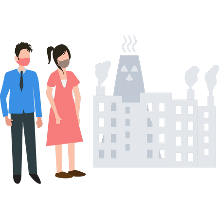 Junge und Mädchen mit Masken vor der Fabrik  Illustration