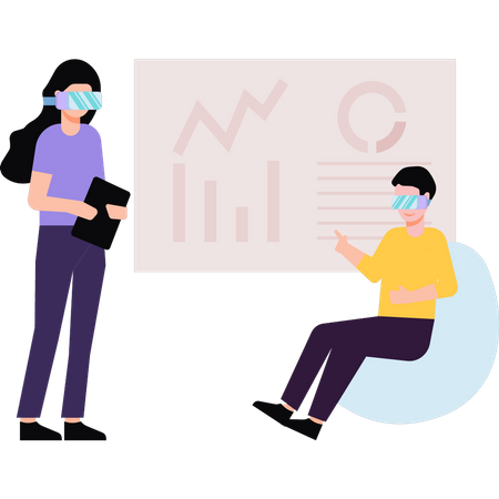 Junge und Mädchen mit VR-Brille arbeiten an Diagrammpräsentation  Illustration