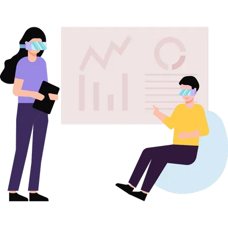 Junge und Mädchen mit VR-Brille arbeiten an Diagrammpräsentation  Illustration