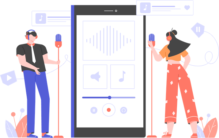 Junge und Mädchen nehmen Podcast mit Smartphone-Anwendung auf  Illustration