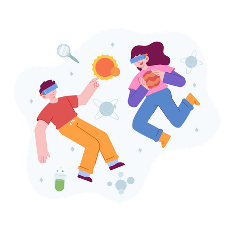 Junge und Mädchen nutzen VR-Technologie  Illustration