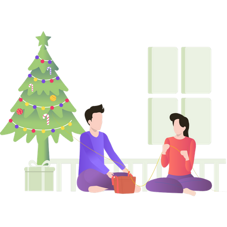 Junge und Mädchen packen Weihnachtsgeschenke  Illustration