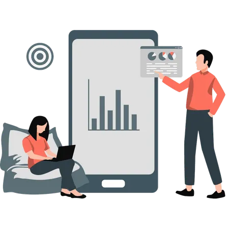 Junge und Mädchen sprechen über Netzwerkdiagramm  Illustration