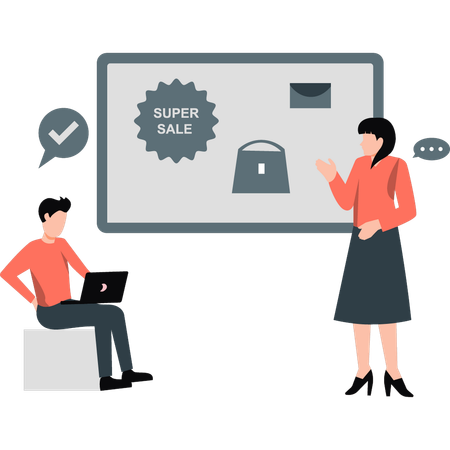 Junge und Mädchen reden über Super-Sale Illustration