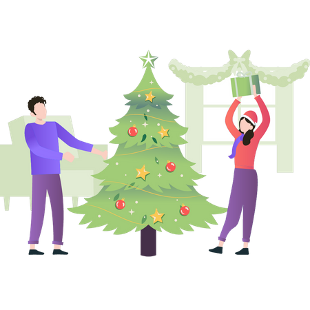 Junge und Mädchen betrachten Weihnachtsbaum  Illustration