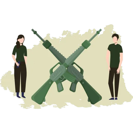 Junge und Mädchen betrachten Waffe  Illustration