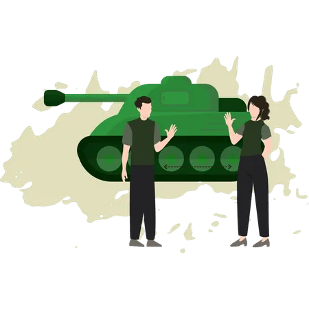 Junge und Mädchen betrachten Militärpanzer  Illustration