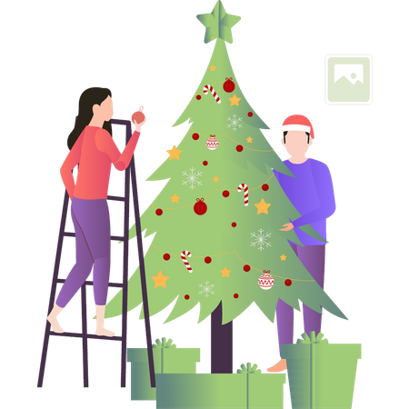 Jungen und Mädchen schmücken Weihnachtsbaum  Illustration