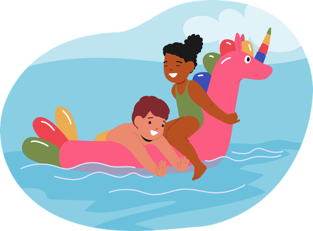 Jungen und Mädchen schwimmen auf aufblasbarem Ring im Pool  Illustration