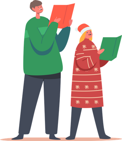 Junge und Mädchen singen Weihnachtslieder mit Büchern  Illustration
