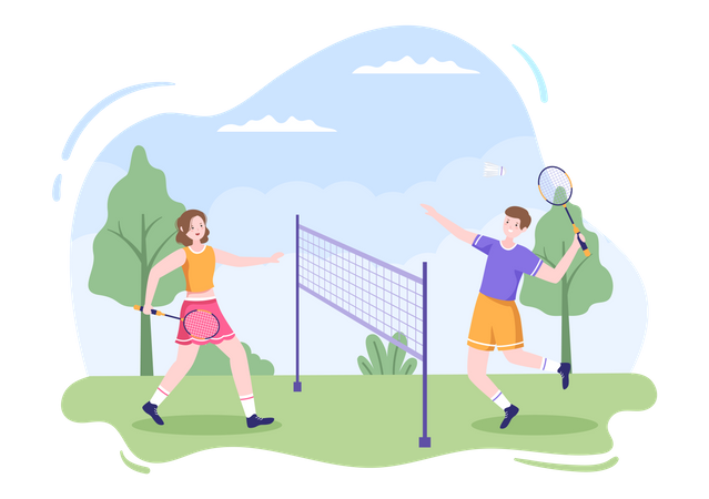 Jungen und Mädchen spielen Badminton  Illustration