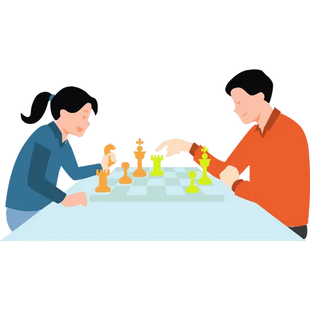 Jungen und Mädchen spielen Schach  Illustration