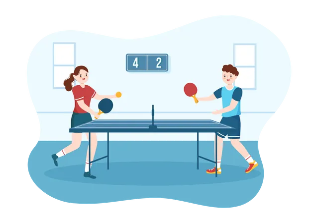 Jungen und Mädchen spielen Tischtennis  Illustration
