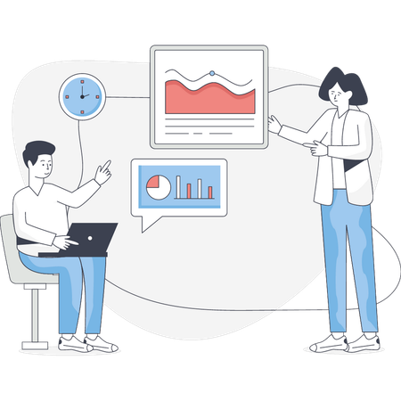 Junge und Mädchen sprechen über analytische Grafik  Illustration