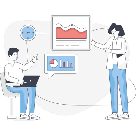 Junge und Mädchen sprechen über analytische Grafik  Illustration