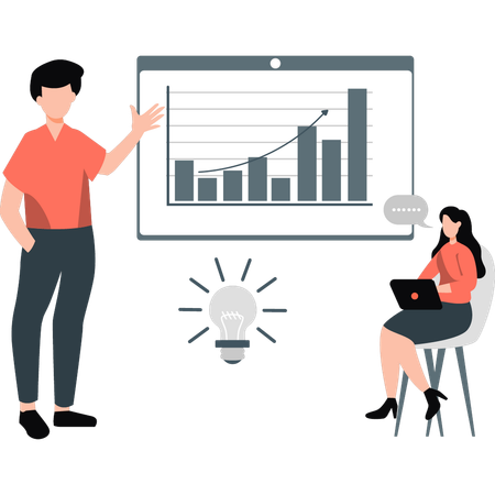 Junge Jungen und Mädchen sprechen über das Diagramm zum Unternehmenswachstum  Illustration