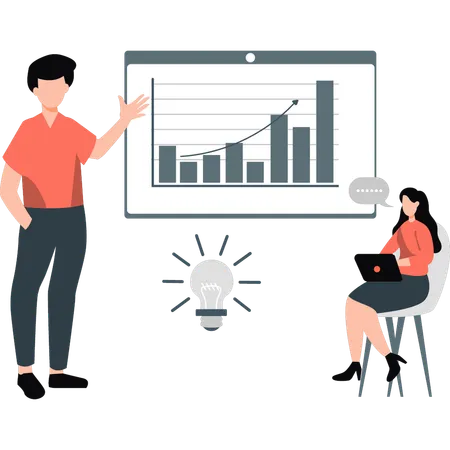 Junge Jungen und Mädchen sprechen über das Diagramm zum Unternehmenswachstum  Illustration