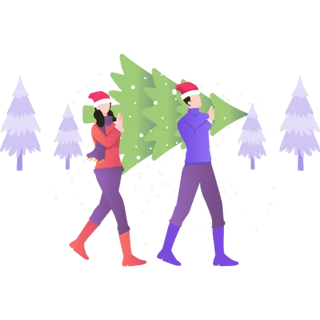 Junge und Mädchen tragen Weihnachtsbaum  Illustration