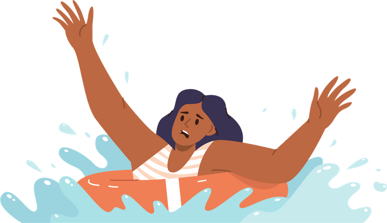 Junge verängstigte sinkende Frau schwimmt mit Gummiring im Wasser und schreit um Hilfe  Illustration