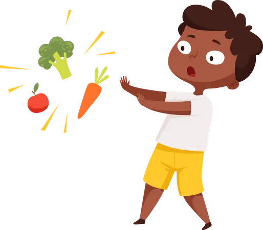 Junge meidet gesundes Gemüse  Illustration
