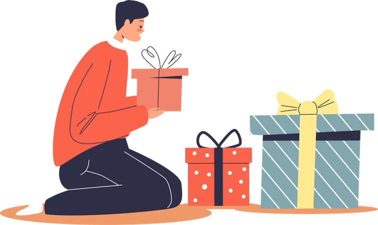 Junge verpackt Weihnachtsgeschenke in Geschenkboxen  Illustration