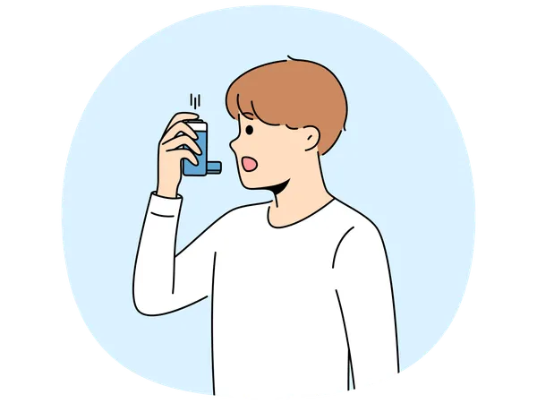 Junge verwendet Inhalator zur Behandlung von Asthmaanfällen aufgrund von Atembeschwerden und Lungenerkrankungen  Illustration