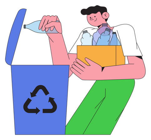 Junge wirft Plastikflasche in Papierkorb  Illustration