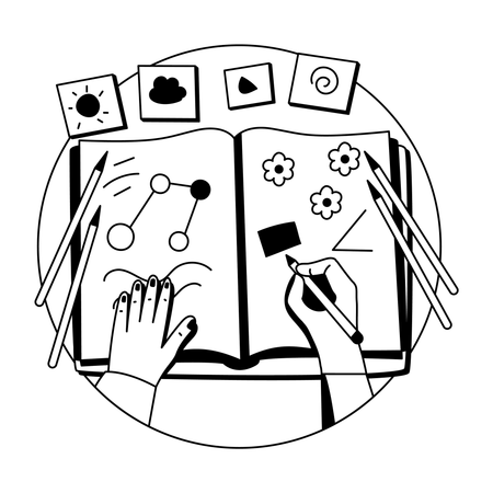Junge zeichnet in Buch  Illustration