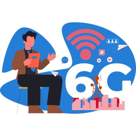 Junge zeigt auf 6G-WLAN-Router  Illustration