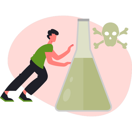 Junge zeigt auf eine chemische Flasche  Illustration