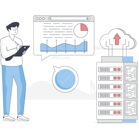 Junge zeigt auf Cloud-Datenbank  Illustration