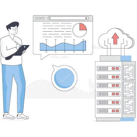 Junge zeigt auf Cloud-Datenbank  Illustration