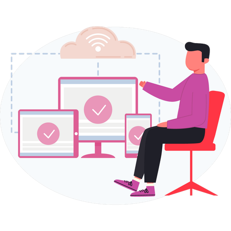 Junge zeigt Monitor Vernetzung  Illustration